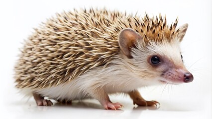 Obraz premium Adorable African hedgehog with naturally modified feathers as hard, pointed thorns, searching and walking on a pure white background, showcasing its full body.
