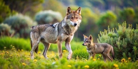 Fototapeta premium A Mediterranean island home, the young wolf and his mother explore Cyprus's lush forests and meadows, their footsteps