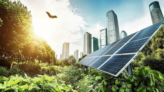 Conjunto de paneles solares rodeados de vegetaci&oacute;n exuberante, situados frente a edificios altos, mostrando la armon&iacute;a entre energ&iacute;a renovable y urbanizaci&oacute;n.