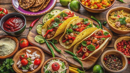 Fototapeta premium Vibrant tacos, crispy tortilla chips, and steaming burritos overflow with flavorful meats, cheeses, and spices, highlighting the rich culinary heritage of Mexico's festive cuisine.