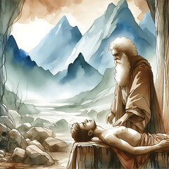 Abstract Bliblical Watercolor Painting of Abraham sacrificing his son Isaac. Bliblical illustration Abraham Sacrificing his son Isaac.