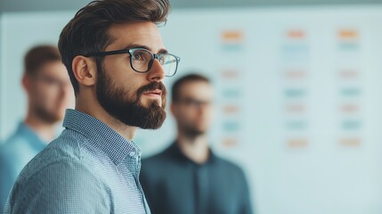 Group of analysts discussing a customer satisfaction report, modern office with digital whiteboards, collaborative work environment
