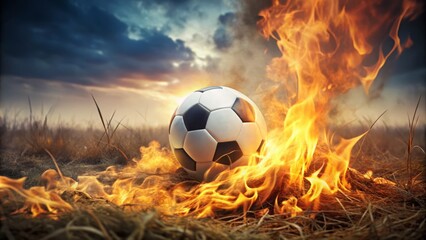 Fototapeta premium An aflame soccer ball sits solitary on dry grassy slopes, surrounded by wispy tendrils of smoke that waft