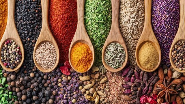 A colorful array of spices and herbs. Colorful spices, nuts, seeds, dried fruits, and herbal flowers. Seasoning spices background. Culinary traditions. Spices for cooking. Natural ingredients. Healthy