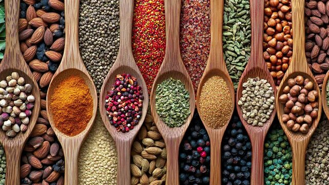 A colorful array of spices and herbs. Colorful spices, nuts, seeds, dried fruits, and herbal flowers. Seasoning spices background. Culinary traditions. Spices for cooking. Natural ingredients. Healthy