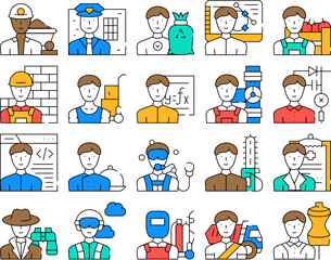 Male Occupation Job Collection Icons Set Vector. Miner And Policeman, Volunteer And Designer, Farmer And Builder, Mover And Plumber Occupation color Contour Illustrations