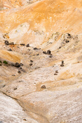 Detailed view of the volcanic terrain at Noboribetsu Jigokudani highlighting its sulfuric deposits...