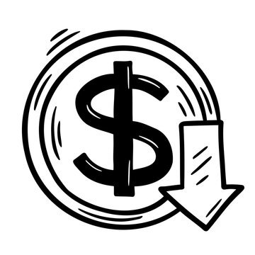 Hand drawn doodle of a dollar coin with a downward arrow, symbolizing financial decline, cost reduction, or economic loss. Simple line art for business, finance, and economic illustrations