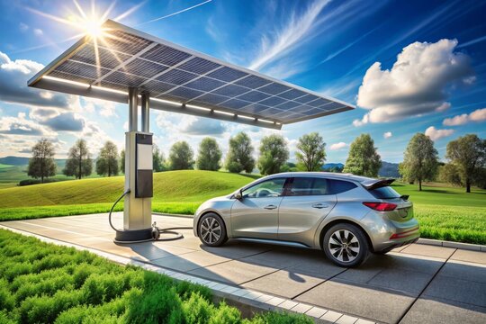 Coche el&eacute;ctrico cargando en una estaci&oacute;n de carga solar en medio de un paisaje verde. La estaci&oacute;n tiene paneles solares que capturan la luz del sol bajo un cielo despejado con algunas nubes.