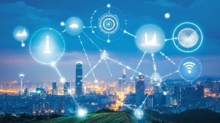 Obraz premium Ciudad inteligente con varias conexiones tecnológicas representadas por íconos flotantes sobre el paisaje urbano nocturno. Las líneas conectan diferentes aspectos de la tecnología y la infraestructura