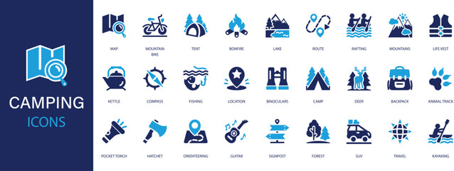 Camping flat icons set. Camp, domestic tourism, hiking, picnic, forest icons and more signs. Flat icon collection.