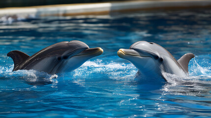 Playful dolphins leaps joyfully through the crystal-clear, azure sea, their sleek bodies glistening in the sunlight
