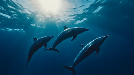 Fototapeta premium Playful dolphins leaps joyfully through the crystal-clear, azure sea, their sleek bodies glistening in the sunlight 