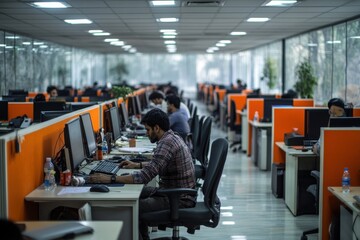 A man is sitting at a desk in an office with several other people