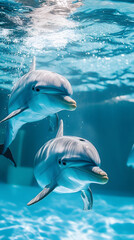 Obraz premium Playful dolphins leaps joyfully through the crystal-clear, azure sea, their sleek bodies glistening in the sunlight 