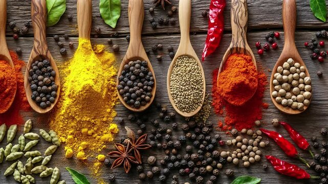 A colorful array of spices and herbs. Colorful spices, nuts, seeds, dried fruits, and herbal flowers. Seasoning spices background. Culinary traditions. Spices for cooking. Natural ingredients. Healthy