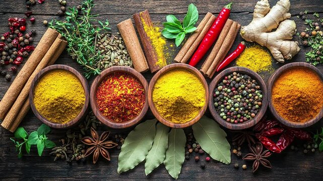 A colorful array of spices and herbs. Colorful spices, nuts, seeds, dried fruits, and herbal flowers. Seasoning spices background. Culinary traditions. Spices for cooking. Natural ingredients. Healthy