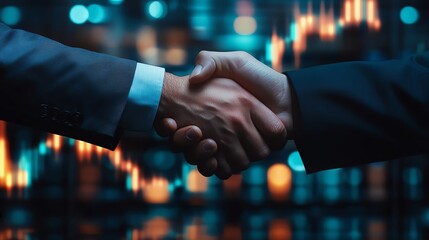 A professional handshake symbolizing partnership and collaboration in a modern business environment with a vibrant background.