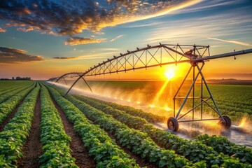 Sistema de riego en un campo agr&iacute;cola verde, rociando agua sobre las hileras de cultivos al atardecer. El sol ilumina la escena, destacando la sostenibilidad y la tecnolog&iacute;a agr&iacute;cola moderna.