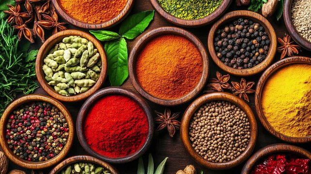 A colorful array of spices and herbs. Colorful spices, nuts, seeds, dried fruits, and herbal flowers. Seasoning spices background. Culinary traditions. Spices for cooking. Natural ingredients. Healthy
