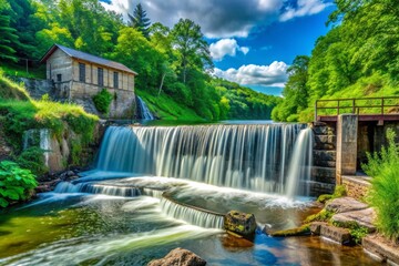 Naklejka premium Hermoso paisaje de un río con cascada rodeada de frondosos bosques verdes, resaltando la tranquilidad y belleza natural del entorno.