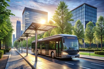 Obraz premium Un moderno autobús eléctrico circulando por una avenida urbana con edificios altos y árboles, bajo la luz del amanecer. Representa el transporte sostenible y la energía limpia en las ciudades.