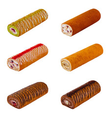 Sweet sponge roll cake set showing variety of fillings and toppings