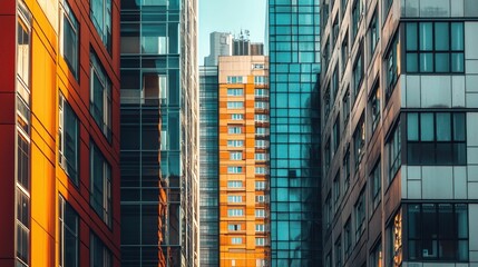 Fototapeta premium Modern city buildings, glass facades, urban landscape, bright colors, reflections, architectural design Explore the contrast between colors and materials in the urban scene