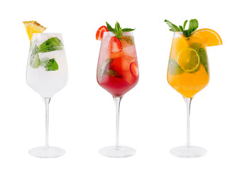 Three refreshing summer cocktails standing on white background