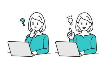 パソコンを見て疑問を持つ･ひらめきのポーズをする若い女性のセット【人物ベクターイラスト素材】