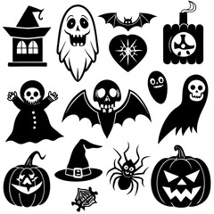 Obraz premium Halloween collection - Jack o'lantern, ghosts, spiders, broomstick, bats, witch hat, spiderweb black silhouettes. Illustration on transparent background
