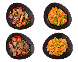 Four asian dishes with rice, chicken, beef and shrimps in black bowls