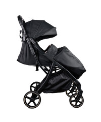Modern black baby stroller isolated on white background