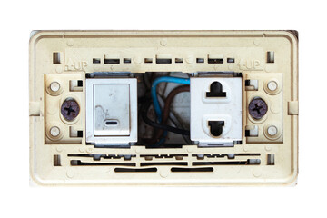 Fototapeta premium Box old electrical power switch off, on and plug energy damaged attached to white plastic board isolated on cut out PNG or transparent background. Turning Off Light Switch. Electrical safety concept.