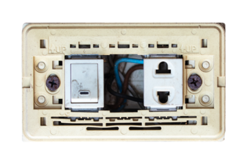 Box old electrical power switch off, on and plug energy damaged attached to white plastic board isolated on cut out PNG or transparent background. Turning Off Light Switch. Electrical safety concept.