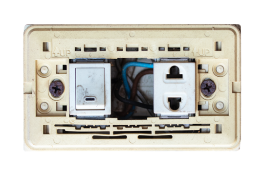 Box old electrical power switch off, on and plug energy damaged attached to white plastic board isolated on cut out PNG or transparent background. Turning Off Light Switch. Electrical safety concept. - Powered by Adobe