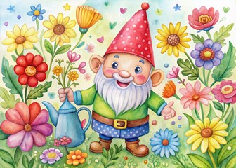 Naklejka premium Adorable whimsical illustration of a cheerful gnome holding a watering can, surrounded by vibrant colorful flowers, in a playful childlike hand-drawn style.