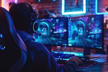 A gamer focuses intensely on playing a game on dual monitors in a neon-lit room.