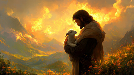 Obraz premium Jesus holding a lamb in his arms. AI generative.