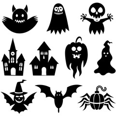Obraz premium Halloween collection - Jack o'lantern, ghosts, spiders, broomstick, bats, witch hat, spiderweb black silhouettes. Illustration on transparent background