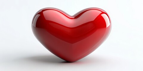 A vibrant three-dimensional red heart stands out against a pure white background, its glossy surface exuding warmth and