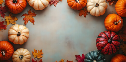 A top-down view of rustic autumn pumpkins arranged on a wooden surface. The pumpkins are various sizes and colors, surrounded by fallen leaves

