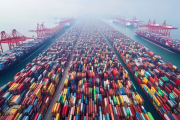 Fototapeta premium Aerial View of Container Ships and Cargo at a Busy Port