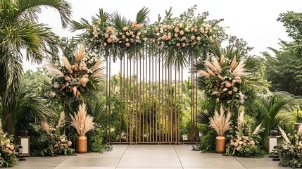 Fototapeta premium Elegant Wedding Arch Decor with Flowers Greenery and Lanterns