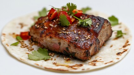 A piece of richly colored braised pork is placed on the tortilla