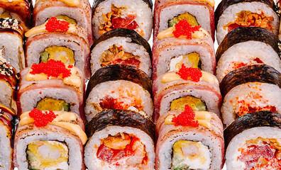 Variety of delicious sushi rolls presenting japanese cuisine