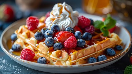 Breakfast Waffles: A plate of waffles topped with fresh berries, syrup, and whipped cream, arranged in a fun and inviting way that makes breakfast time exciting for kids.