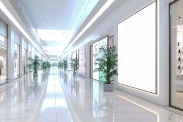 A well-lit shopping mall interior featuring a large, blank advertising poster in the center. 