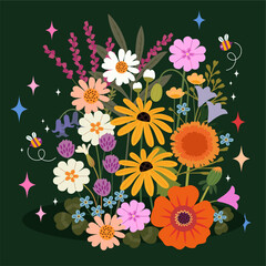 Plants various roses, lily, lucky leaf, leaves. Card greeting nature theme. Ecology, spring day.