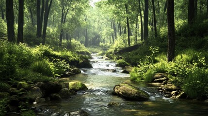 A tranquil forest scene with a gentle stream flowing through it.